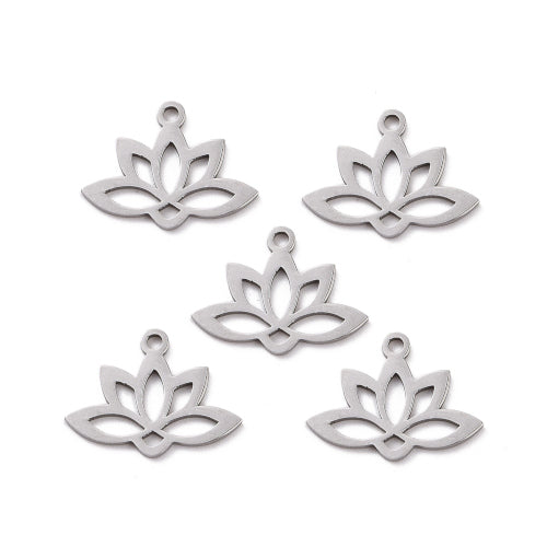 Charms, Lotus Flower, Laser-Cut, Stainless Steel, Silver, 14mm - BEADED CREATIONS