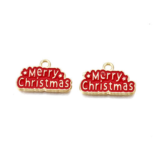 Charms, Merry Christmas Sign, Red, Enamel, Gold Plated, Alloy, 12.5mm - BEADED CREATIONS