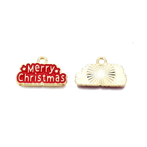 Charms, Merry Christmas Sign, Red, Enamel, Gold Plated, Alloy, 12.5mm - BEADED CREATIONS