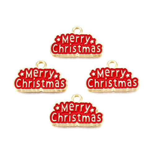 Charms, Merry Christmas Sign, Red, Enamel, Gold Plated, Alloy, 12.5mm - BEADED CREATIONS