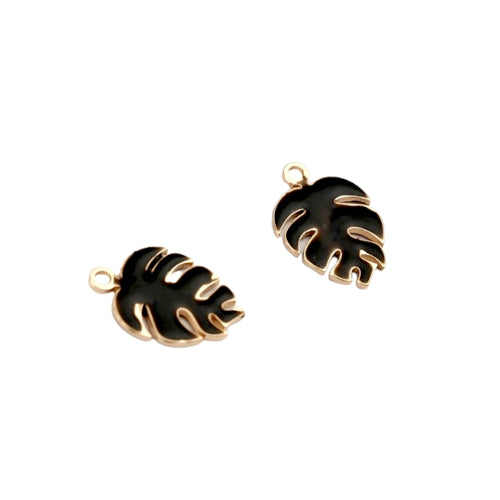 Charms, Monstera Leaf, Black, Enamel, Golden, Brass, 13mm - BEADED CREATIONS