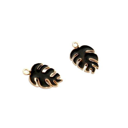 Charms, Monstera Leaf, Black, Enameled, Brass, 13mm - BEADED CREATIONS