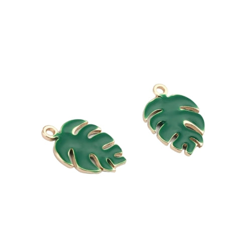 Charms, Monstera Leaf, Christmas Green, Enamel, Golden, Brass, 13mm - BEADED CREATIONS