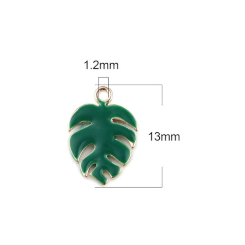 Charms, Monstera Leaf, Christmas Green, Enamel, Golden, Brass, 13mm - BEADED CREATIONS