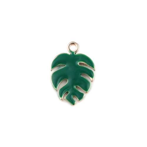 Charms, Monstera Leaf, Christmas Green, Enamel, Golden, Brass, 13mm - BEADED CREATIONS