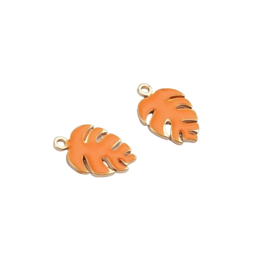 Charms, Monstera Leaf, Orange, Enamel, Golden, Brass, 13mm - BEADED CREATIONS