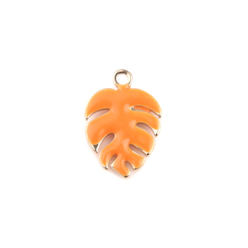 Charms, Monstera Leaf, Orange, Enamel, Golden, Brass, 13mm - BEADED CREATIONS