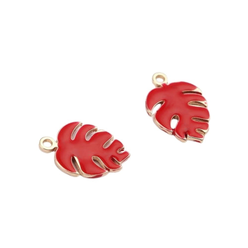 Charms, Monstera Leaf, Red, Enamel, Golden, Brass, 13mm - BEADED CREATIONS