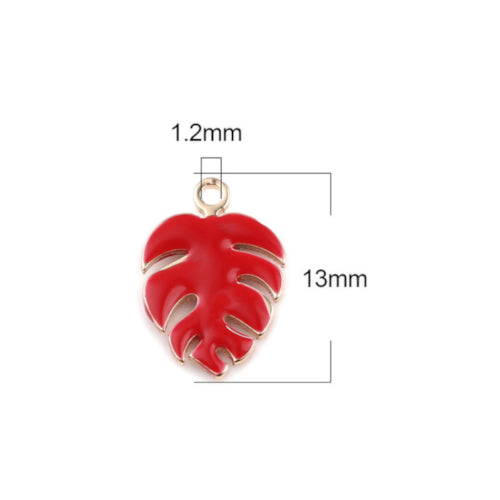 Charms, Monstera Leaf, Red, Enamel, Golden, Brass, 13mm - BEADED CREATIONS