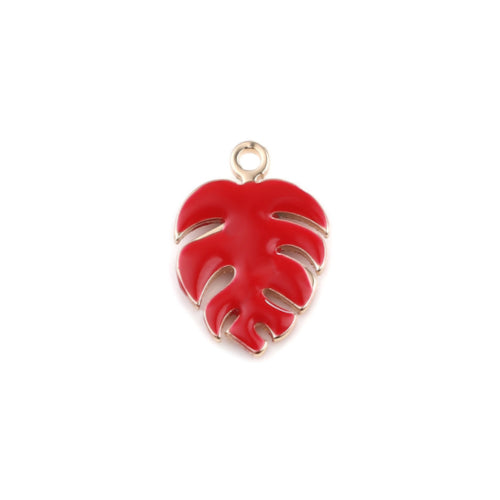 Charms, Monstera Leaf, Red, Enamel, Golden, Brass, 13mm - BEADED CREATIONS