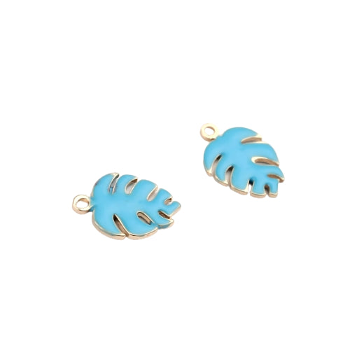 Charms, Monstera Leaf, Sky Blue, Enamel, Golden, Brass, 13mm - BEADED CREATIONS