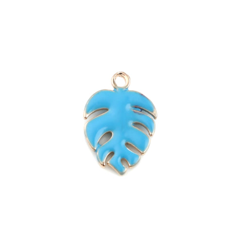 Charms, Monstera Leaf, Sky Blue, Enamel, Golden, Brass, 13mm - BEADED CREATIONS