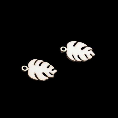 Charms, Monstera Leaf, White, Enameled, Brass, 13mm - BEADED CREATIONS