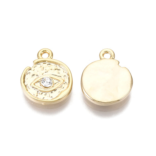 Charms, Nazar, Evil Eye, Hammered, Flat, Round, With Crystal Rhinestones, 18K Gold Plated, Alloy, 14.5mm - BEADED CREATIONS