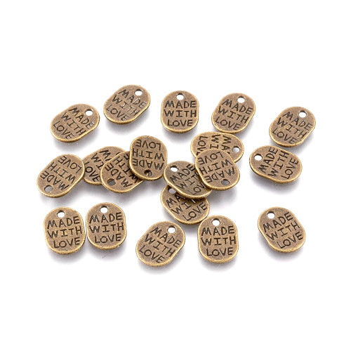 Charms, Oval Tags, Etched, Made With Love, Antique Bronze, Alloy, 11mm - BEADED CREATIONS