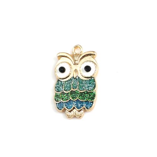 Charms, Owl, Green, Blue, Enamel, Glitter, Light Gold, Alloy, 23mm - BEADED CREATIONS