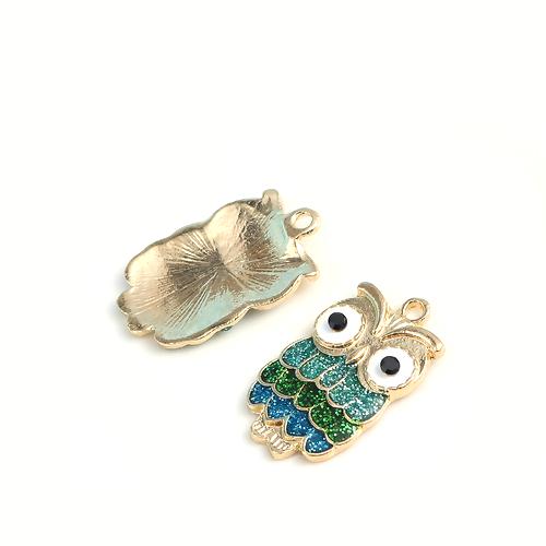 Charms, Owl, Green, Blue, Enamel, Glitter, Light Gold, Alloy, 23mm - BEADED CREATIONS