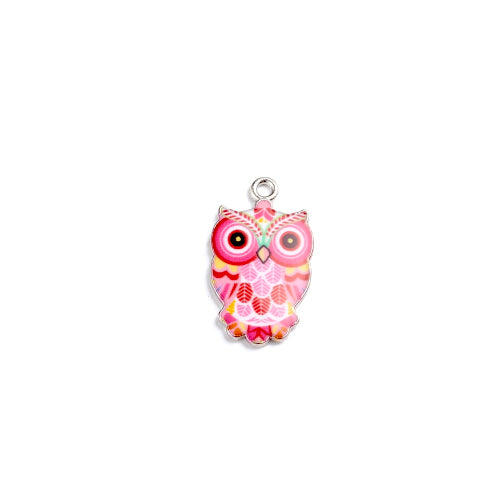 Charms, Owl, Pink, Enamel, Silver Plated, Alloy, 23mm - BEADED CREATIONS