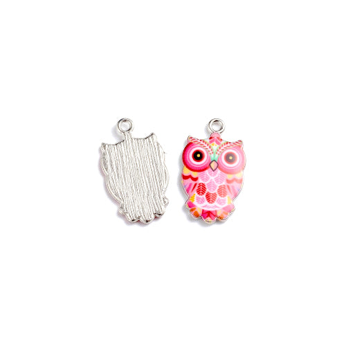 Charms, Owl, Pink, Enamel, Silver Plated, Alloy, 23mm - BEADED CREATIONS