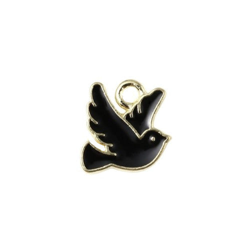 Charms, Peace Dove, Black, Enamel, Light Gold, Alloy, 10mm - BEADED CREATIONS