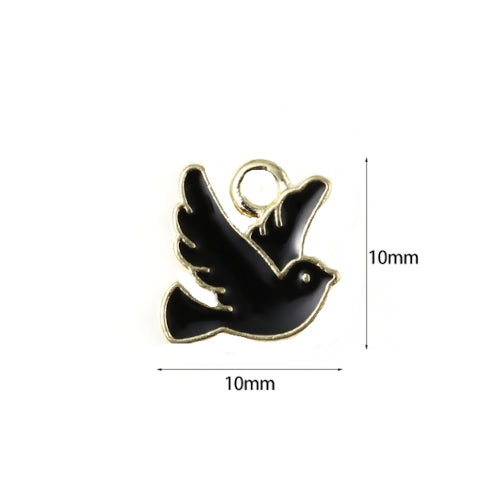 Charms, Peace Dove, Black, Enamel, Light Gold, Alloy, 10mm - BEADED CREATIONS