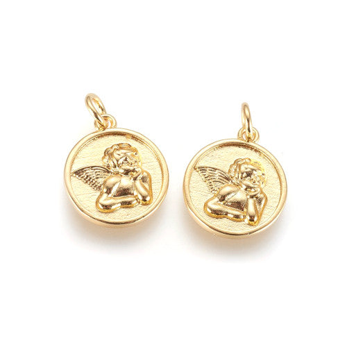 Charms, Raphael Angel, Single-Sided, Flat, Round, Golden, Brass, 15mm - BEADED CREATIONS