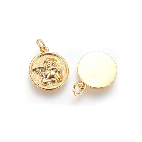 Charms, Raphael Angel, Single-Sided, Flat, Round, Golden, Brass, 15mm - BEADED CREATIONS
