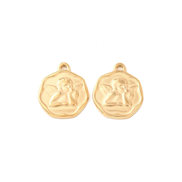 Charms, Raphael Angel, Round, Stainless Steel, (IP), 18K Gold, 21mm - BEADED CREATIONS