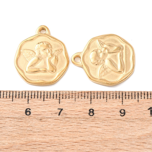 Charms, Raphael Angel, Round, Stainless Steel, (IP), 18K Gold, 21mm - BEADED CREATIONS
