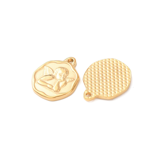 Charms, Raphael Angel, Round, Stainless Steel, (IP), 18K Gold, 21mm - BEADED CREATIONS