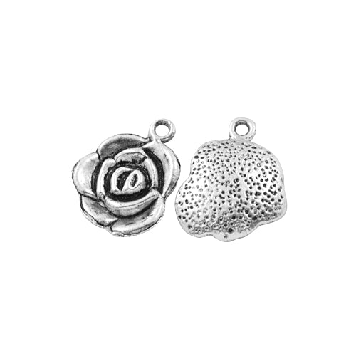 Charms, Rose Flower, Antique Silver, Alloy, 14mm - BEADED CREATIONS