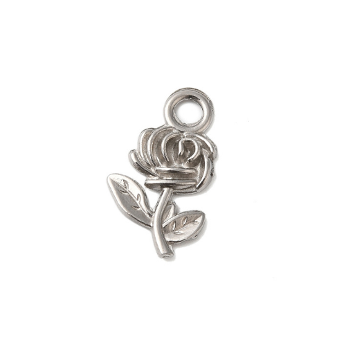 Charms, Rose Flower, Silver, Stainless Steel, 20mm - BEADED CREATIONS