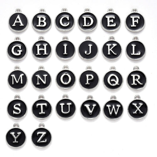 Charms, Round, A-Z, Capital Letter, Black, Enamel, Silver, 14mm - BEADED CREATIONS