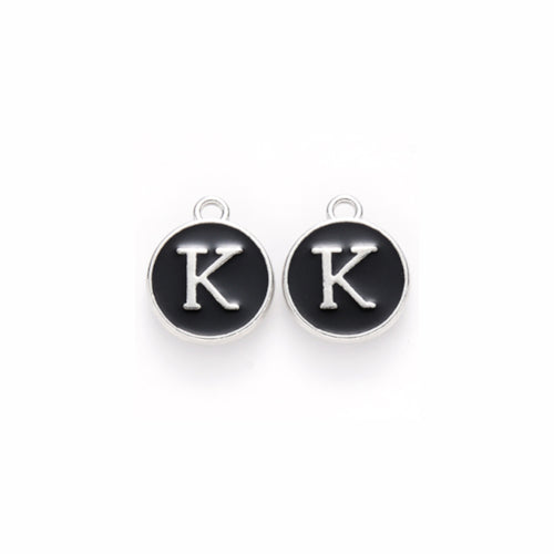 Charms, Round, A-Z, Capital Letter, Black, Enamel, Silver, 14mm - BEADED CREATIONS