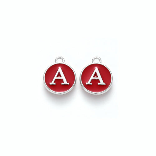 Charms, Round, A-Z, Capital Letter, Red, Enamel, Silver, 14mm - BEADED CREATIONS