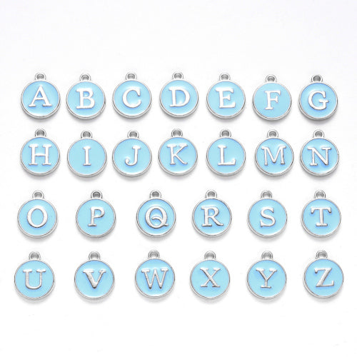 Charms, Round, A-Z, Capital Letter, Sky Blue, Enamel, Silver, 14mm - BEADED CREATIONS