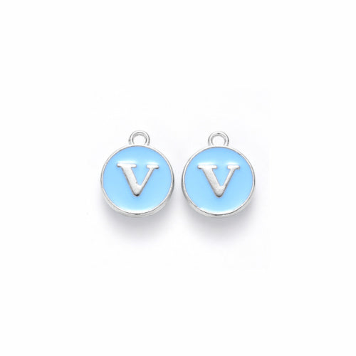 Charms, Round, A-Z, Capital Letter, Sky Blue, Enamel, Silver, 14mm - BEADED CREATIONS