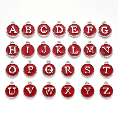 Charms, Round, Double-Sided, Alphabet, Capital Letters, Red, Enameled, Silver Plated, Alloy, A-Z, 12mm - BEADED CREATIONS