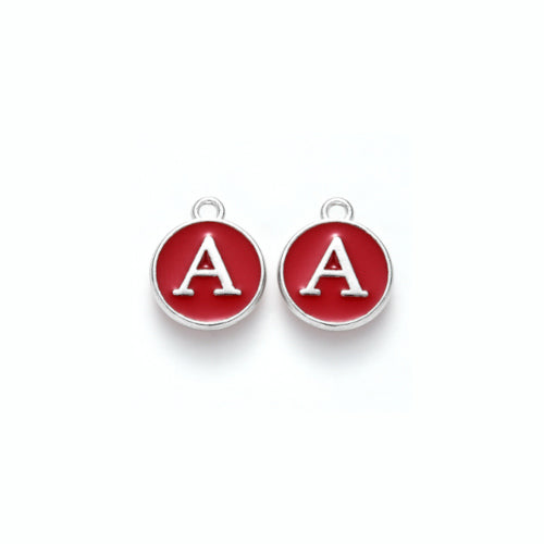 Charms, Round, Double-Sided, Alphabet, Capital Letters, Red, Enameled, Silver Plated, Alloy, A-Z, 12mm - BEADED CREATIONS