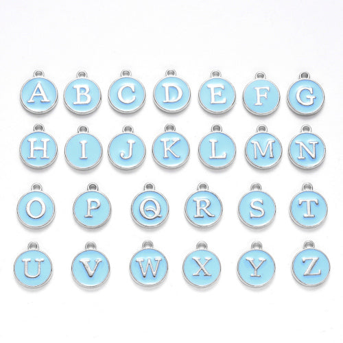 Charms, Round, Double-Sided, Alphabet, Capital Letters, Sky Blue, Enameled, Silver Plated, Alloy, A-Z, 12mm - BEADED CREATIONS