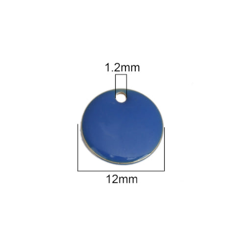 Charms, Round, Flat, Blue, Enamel, Brass, 12mm - BEADED CREATIONS