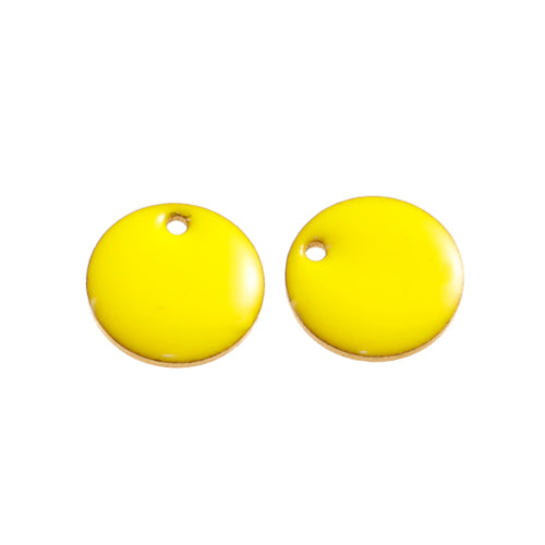 Charms, Round, Flat, Double-Sided, Yellow, Enameled, Gold Plated, Brass Focal, Drops, 12mm - BEADED CREATIONS