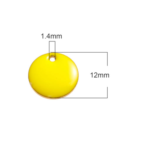 Charms, Round, Flat, Yellow, Enamel, Brass, 12mm - BEADED CREATIONS