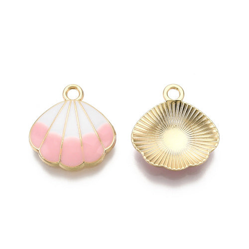 Charms, Shell, Pink, White, Enamel, Light Gold, Alloy, 18mm - BEADED CREATIONS