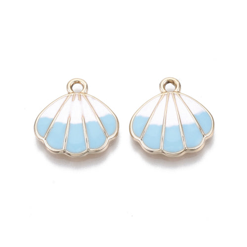 Charms, Shell, Single-Sided, Blue, White, Enamel, Light Gold Plated, Alloy, 18mm - BEADED CREATIONS