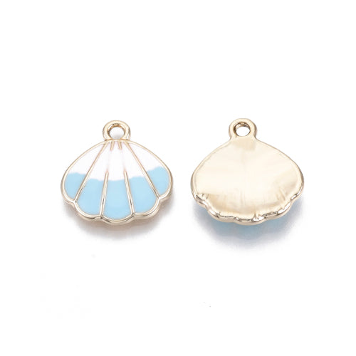 Charms, Shell, Single-Sided, Blue, White, Enamel, Light Gold Plated, Alloy, 18mm - BEADED CREATIONS