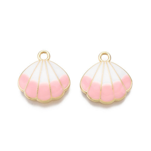 Charms, Shell, Single-Sided, Pink, White, Enamel, Light Gold Plated, Alloy, 18mm - BEADED CREATIONS