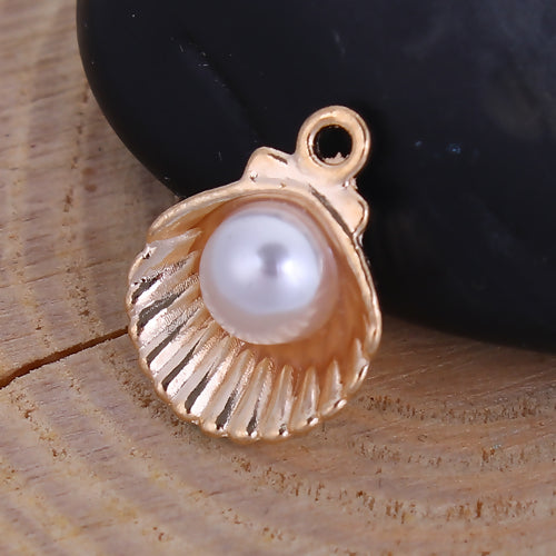 Charms, Shell, Single-Sided, White, Imitation Pearl, Light Gold, Plated, Alloy, 15mm - BEADED CREATIONS