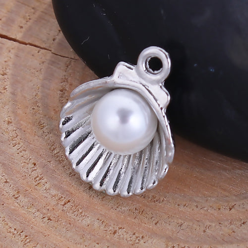 Charms, Shell, Single-Sided, White, Imitation Pearl, Silver, Plated, Alloy, 12mm - BEADED CREATIONS