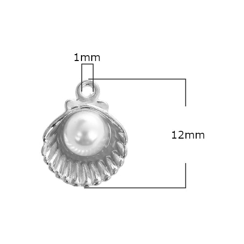 Charms, Shell, Single-Sided, White, Imitation Pearl, Silver, Plated, Alloy, 12mm - BEADED CREATIONS